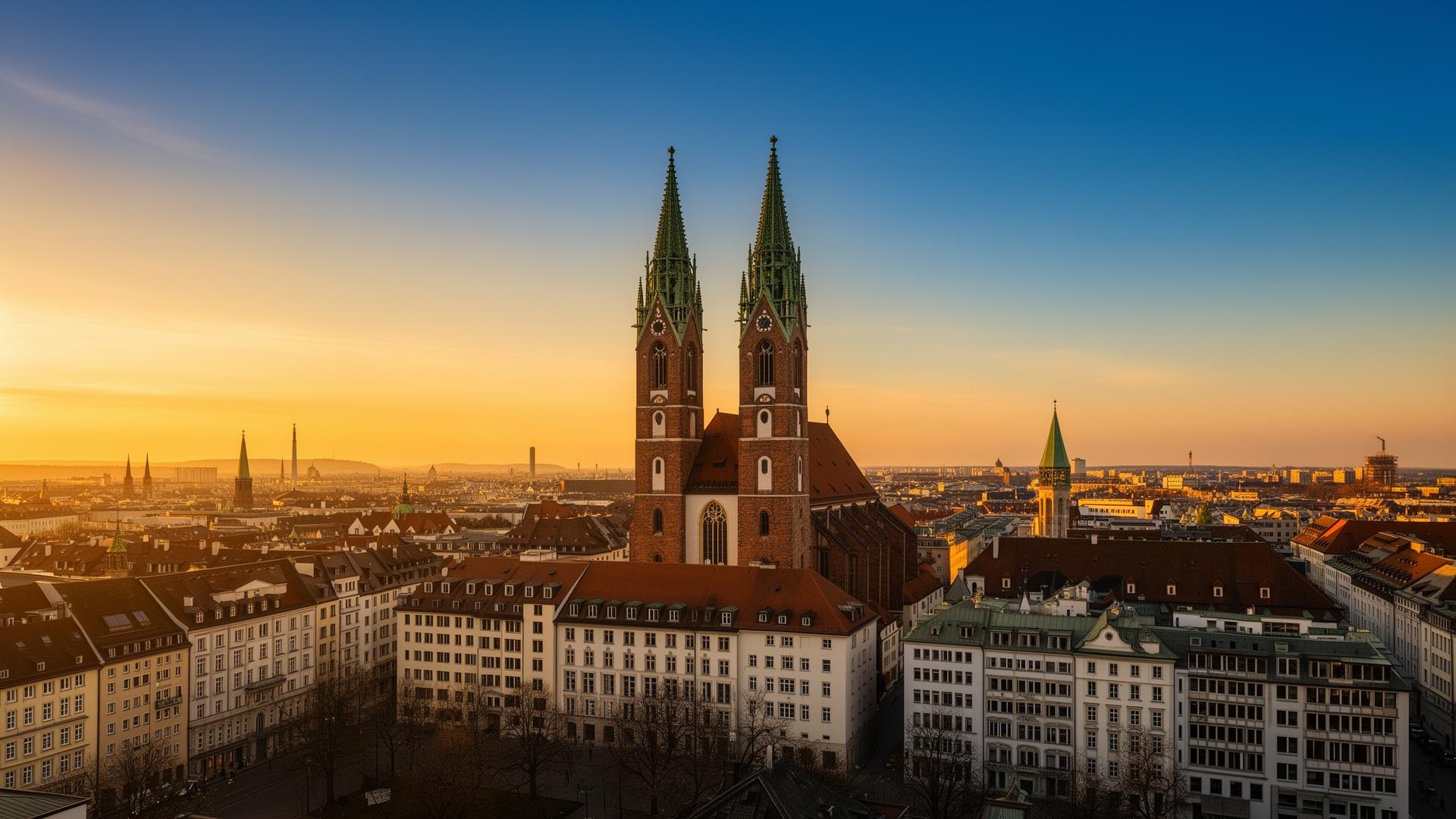 Skyline von München mit der Frauenkirche im Abendlicht